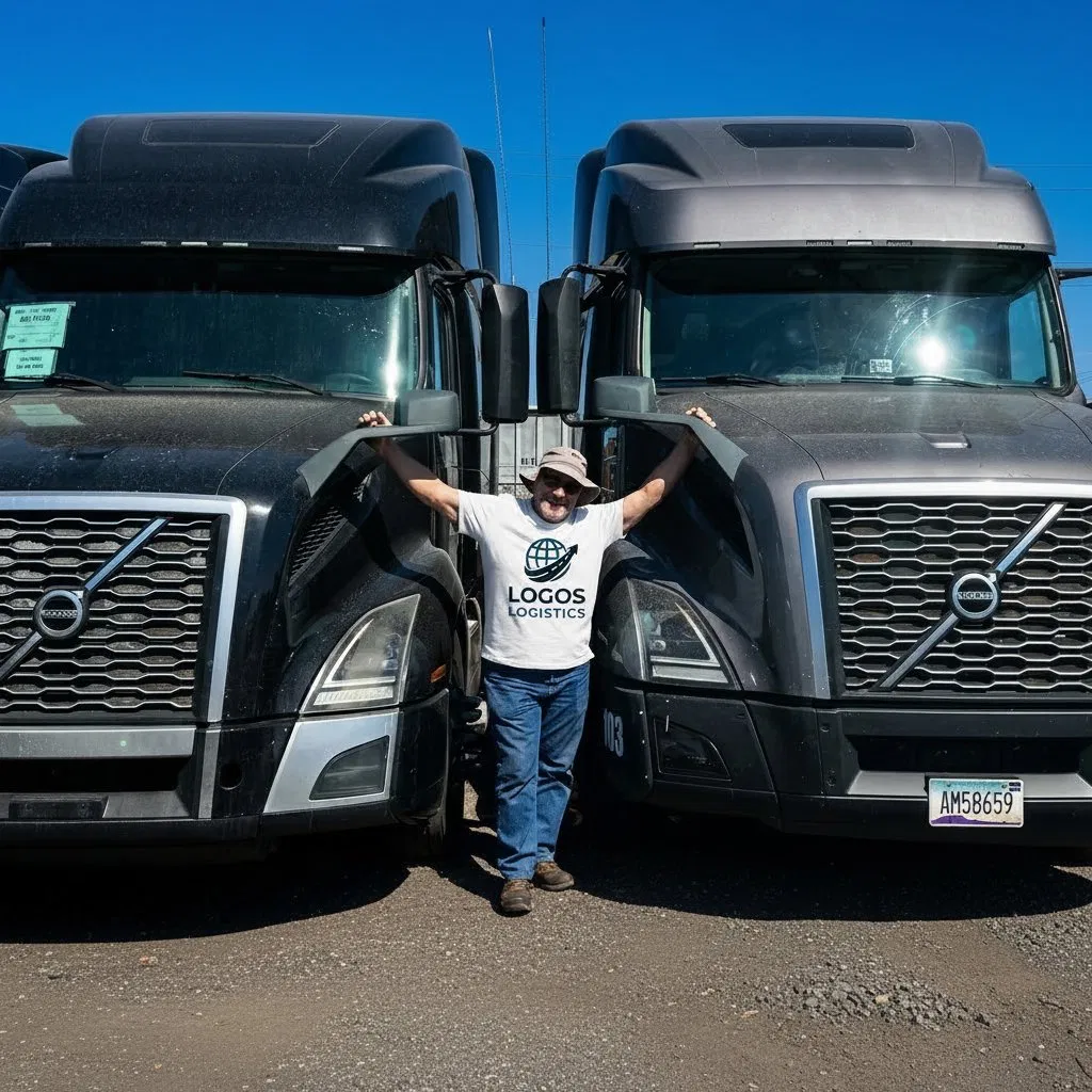 Logos Logistics driver standing between company trucks in Phoenix, Arizona
